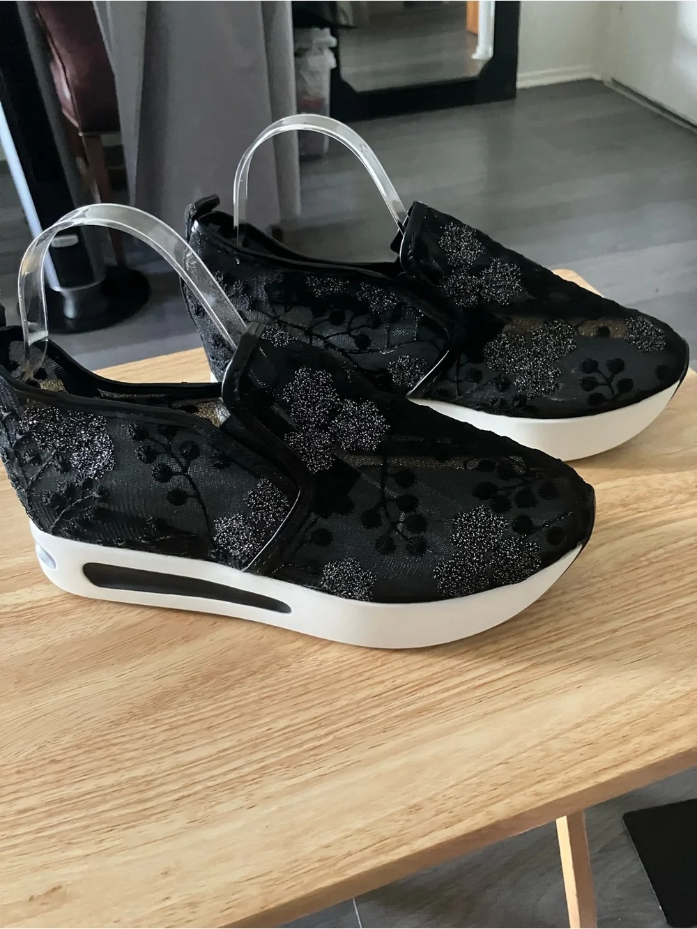 Black Lace Platform Slip-On Wedge Sneakers